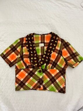 True Vintage 70s Plaid & Floral Dagger Collar Crop Top